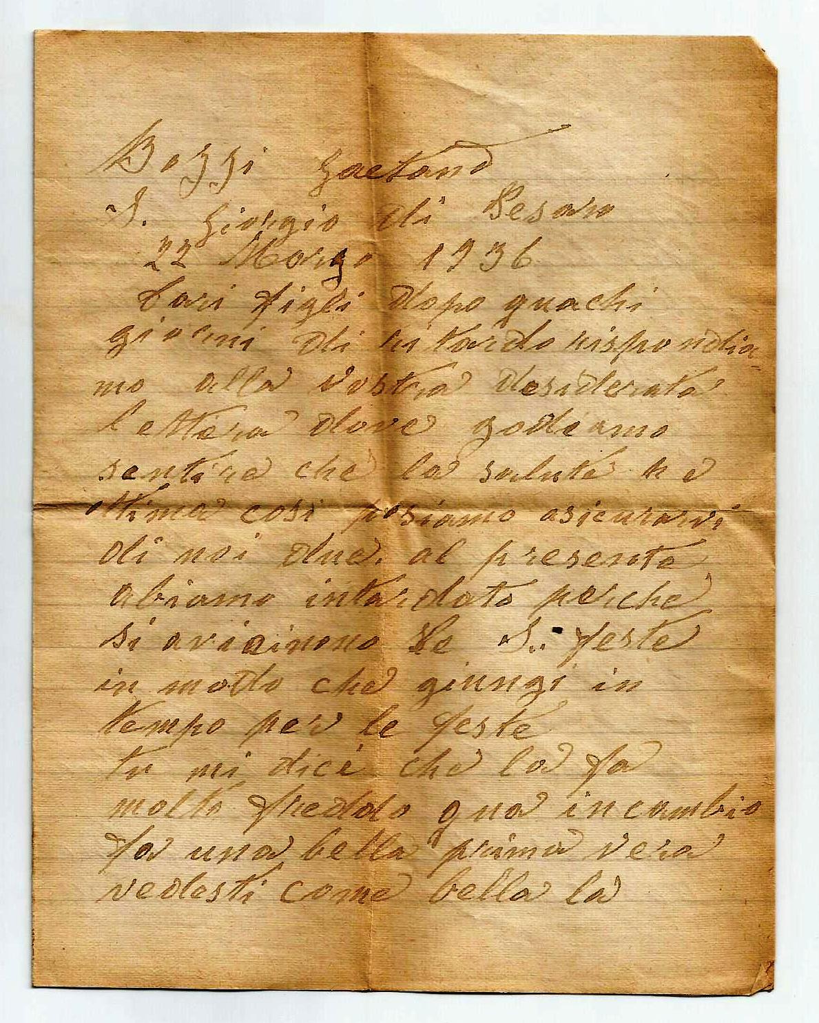 Scan of a letter written in Italian from Gaetano Bozzi to his daughter Guerina Bozzi Talevi.
