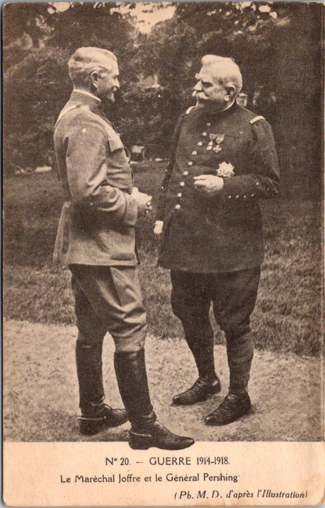 Postcard of French General Joseph Joffre meeting with American General John J. Pershing; both leaders during WW1.